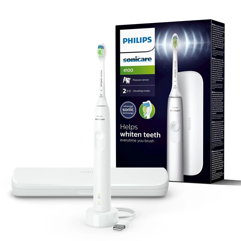 Philips Sonicare 4100 Electric Toothbrush for Adults with 1 x Philips W2 Optimal White Sonic Brush Head in White, Slim Travel Case and USB Charger