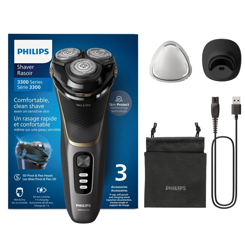 Philips Electric Shaver 3000 Series - Wet & Dry Electric Shaver for Men with SkinProtect Technology in Deep Black, Pop-up Beard Trimmer, Charging Stand, Travel Pouch (Model S3342/13)