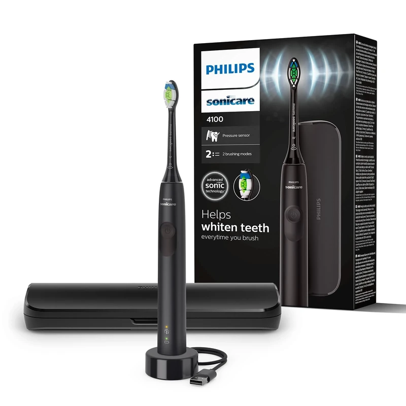 Philips Sonicare 4100 Electric Toothbrush for Adults with 1 x Philips W2 Optimal White Sonic Brush Head in Black, Slim Travel Case and USB Charger