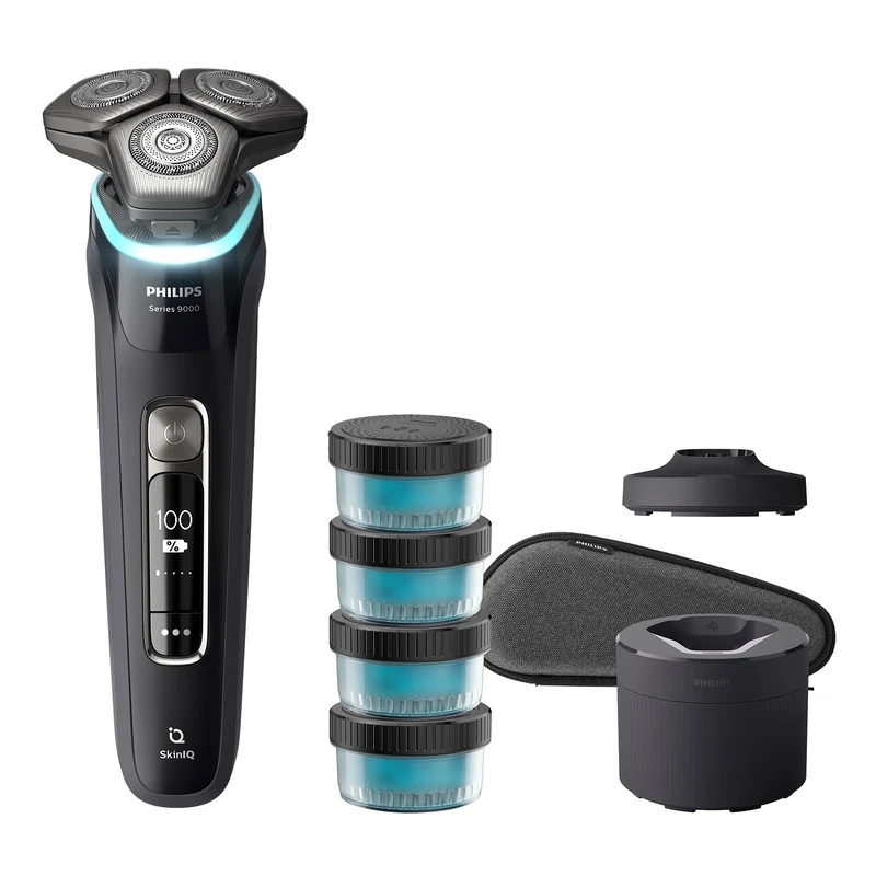 Philips Shaver Series 9000 – Elektrischer NASS-und Trockenrasierer für Männer in Blau mit Lift and Cut System, SkinIQ Technologie, ausklappbarem Trimmer, Ladestation und Reisetasche (Modell S9980/74)