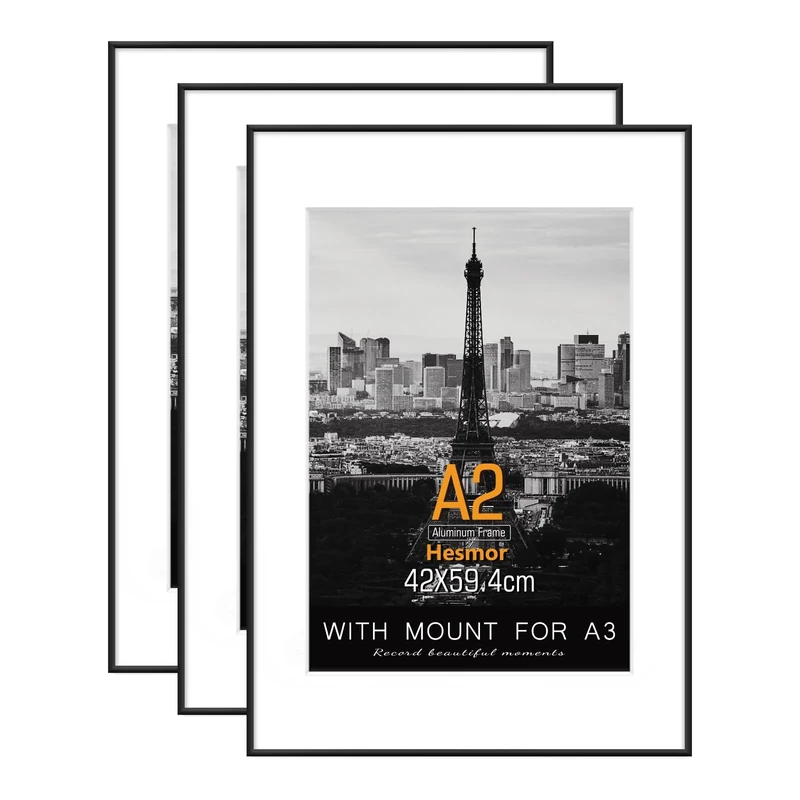 Hesmor A2 Aluminum Acrylic Picture Frames in Black - A2 Photo Frames 16.5 x 23 inch Size Black Pictures Frames with Clear Plexiglass for Wall Mounting, Set of 3 Poster Frames with Mat for A3