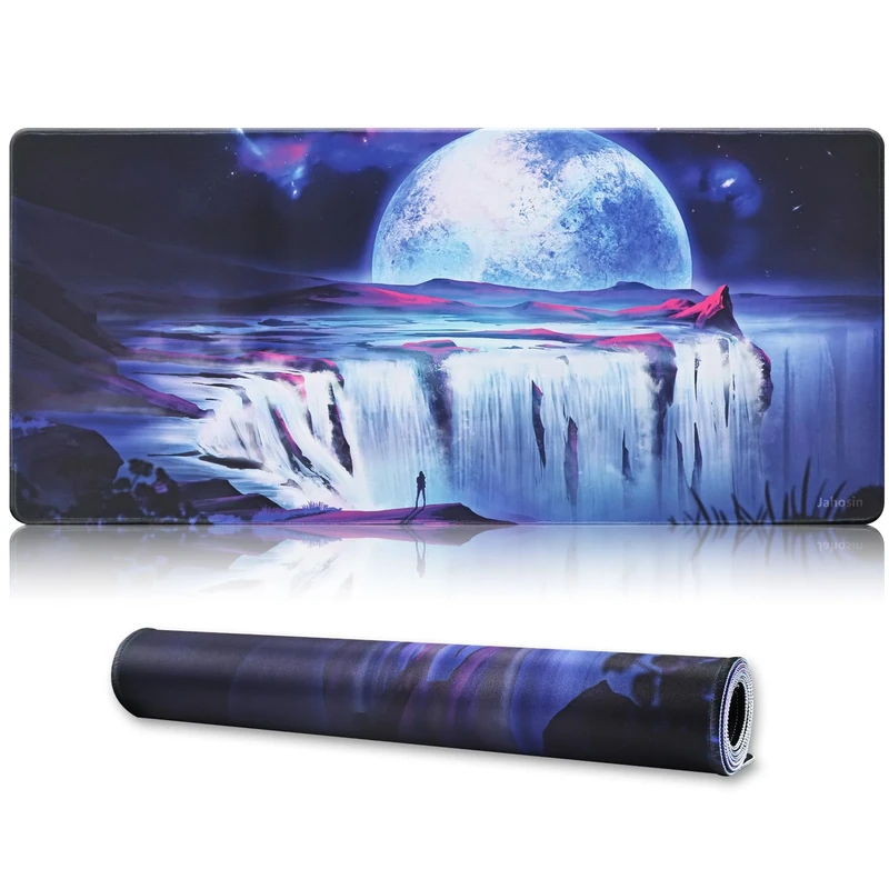 Jahosin Large Gaming Mouse Pad with Stitched Edges,[35.4x15.7In] Extended Mouse Pad with Non-Slip Natural Rubber Base for Gamer/Desktop/Office/Home-90x40 Moon