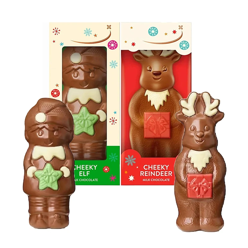 Christmas Chocolate for Kids Stocking Fillers - Cheeky Reindeer & Elf Milk Chocolate 90g Models with Topline Gift Card. Great Christmas Gifts for Kids or Secret Santa Gifts