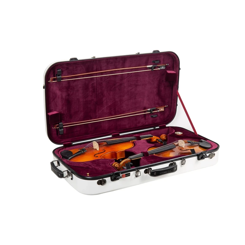 Crossrock Fibreglass Double Case for Viola & Violin | White Gloss Finish, Burgundy Velvet Interior, TSA Lock, Hygrometer – Fits 1 Violin + 15-16.5” Viola -White (CRF2020DVLWT)