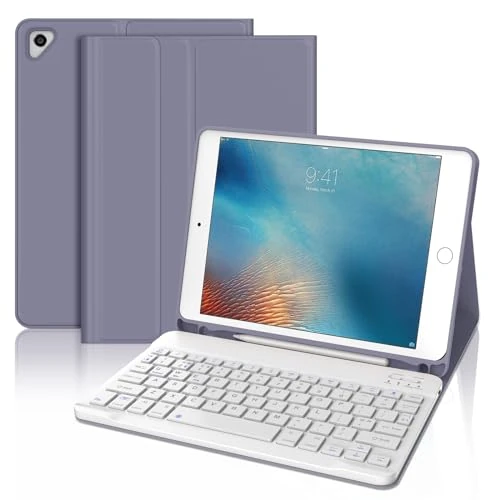 iPad Case with Detachable Bluetooth Keyboard, Slim Protective Cover with Pencil Holder for iPad 6th/5th Gen/Air/Air 2/Pro 9.7 inch, Lavender Purple