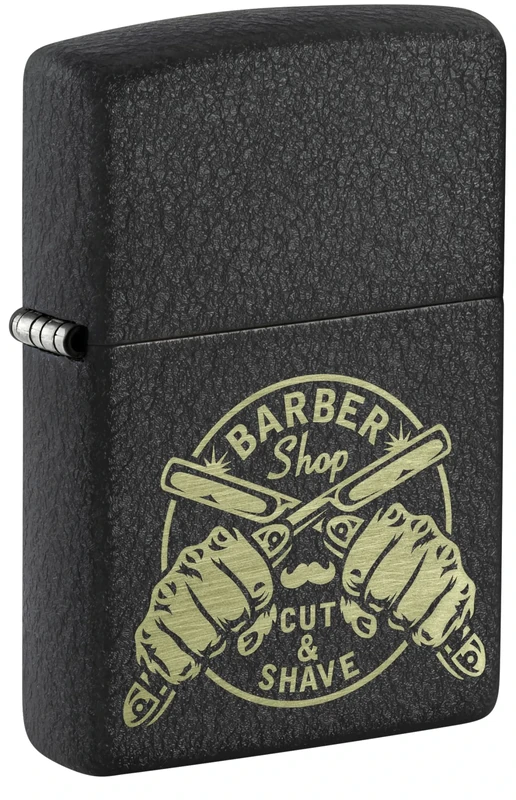 Zippo Windproof Lighter, Barber Shop Design – Black Crackle, Laser Engraving – Refillable, Reusable, Windproof Design – Comes in Gift Box – Made in USA