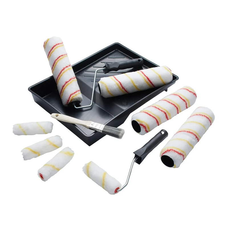Fit For The Job 12 Piece Ultimate Emulsion Paint Roller Set, 4X 9" + 4X Mini Rollers, Frames, 1" Brush & Paint Tray, Medium Pile Roller Sleeves for DIY Painting on Walls & Ceilings