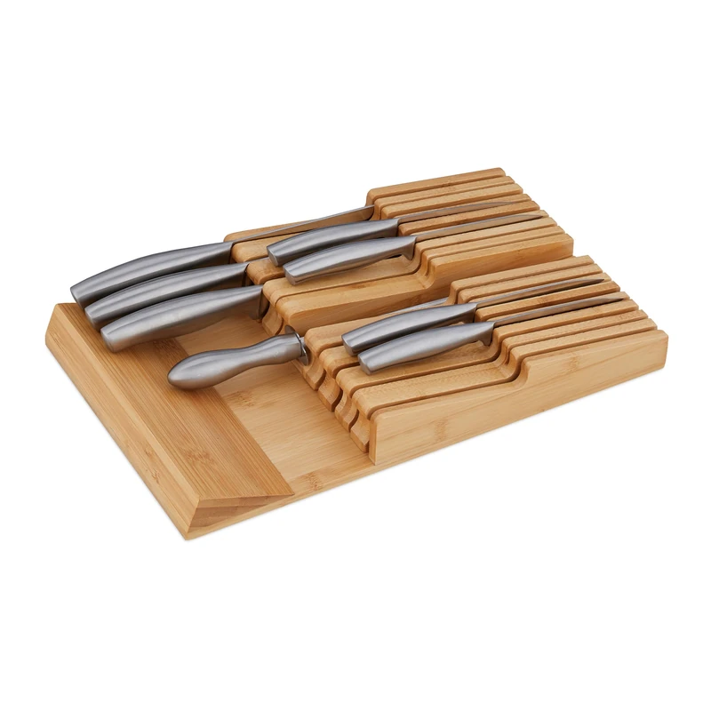Relaxdays Knife Holder, Drawer Insert, for 16 Knives & Sharpener, Bamboo, Horizontal Storage, 5.5 x 24 x 40 cm, Natural