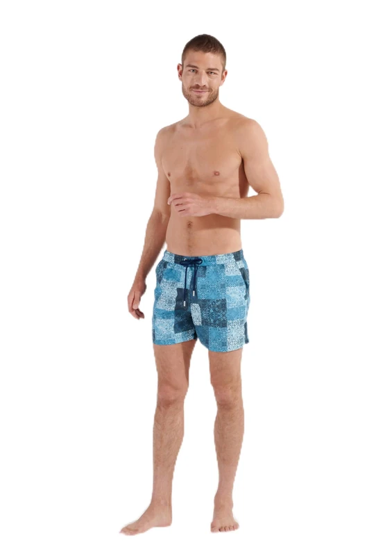 Hom Men's Pierce Swim Shorts Board, Blue Patchwork Print, XXL