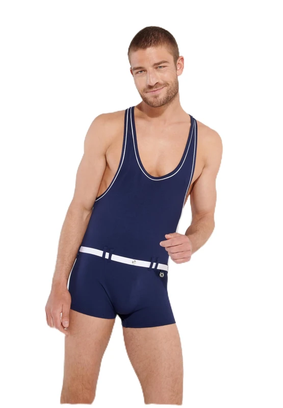 Hom Men's Rowing Roger One Piece Swimsuit, Navy and White Jacquard Stitched Coupe, XXL - Image 1