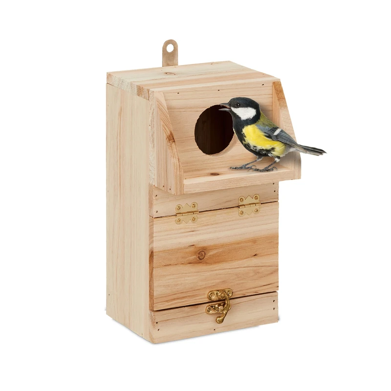 Relaxdays Nesting Box, for Sparrows & Redstarts, Cleaning Flap, 24.5 x 14 x 14 cm, Birdhouse to Hang Up, Wood, Natural