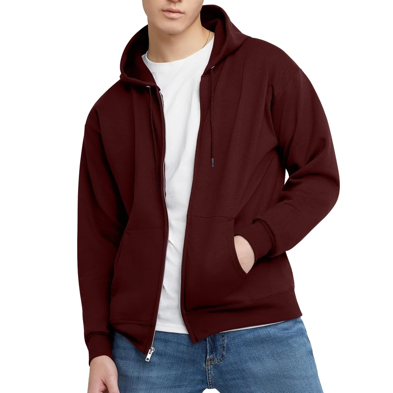 Hanes, Ecosmart Fleece Full Hoodie, Zip-up Hooded Sweatshirt for Men, Mulled Berry, L