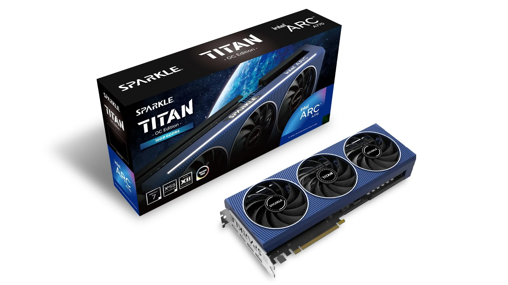 Sparkle Intel Arc A770 Titan OC Edition, 16GB GDDR6, ThermalSync, Torn Cooling, Axial Fan, Metal Backplate, SA770T-16GOC