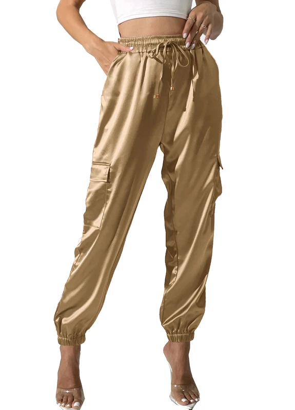 heipeiwa Women's Satin Cargo Joggers Pants Dressy Casual Silky Elastic High Waist Trousers, Gold, M