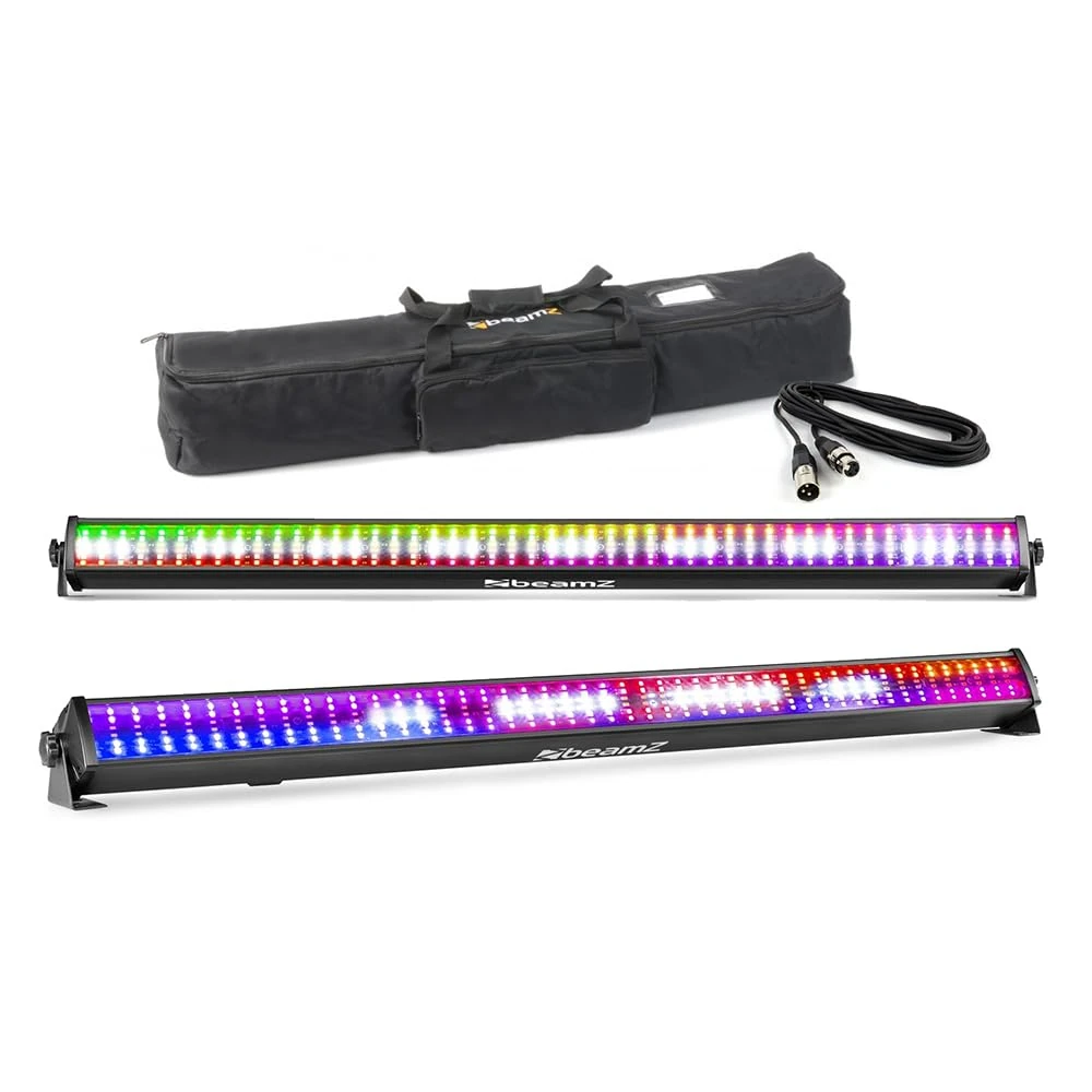 BeamZ LCB288 LED Light Bar Set - 2X RGBW Wall Washer & Strobe Effect Battens with DMX Control, Sound Activation, Soft Padded Case & 6m XLR DMX Cable - Disco, DJ and Stage Lighting Kit