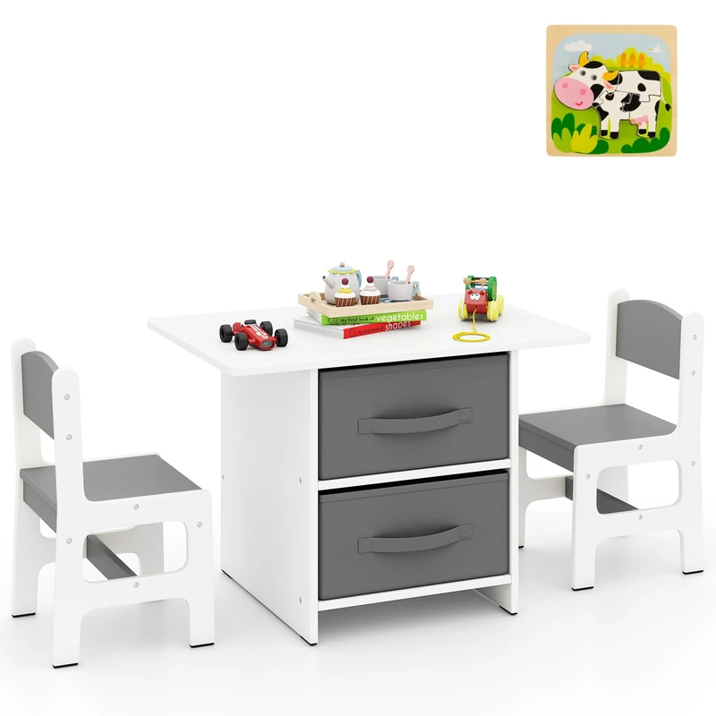 GYMAX Kids Table and Chairs Set, Children Activity Desk with 2 Chairs, 2 Removable Drawers & Jigsaw Puzzle, Wooden Toddler Table Chair Set for Boys Girls (Grey+White)