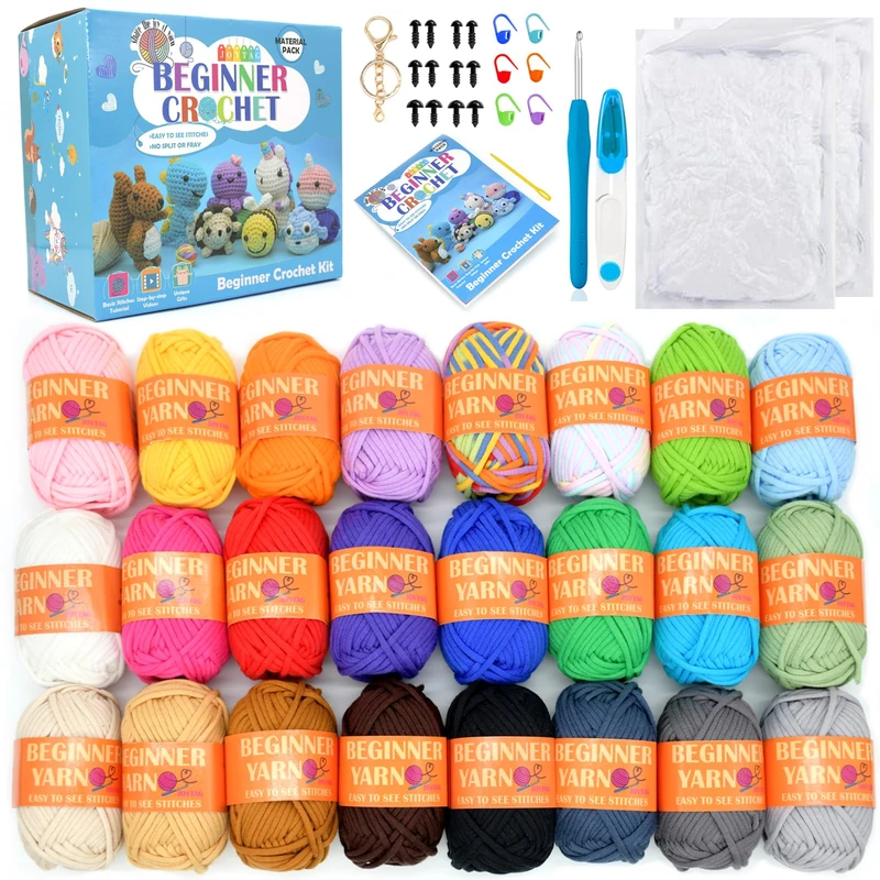 24 Pack Beginners Crochet Yarn Blue Green Pink Purple Yellow Rainbow Cotton Easy Crochet Yarn for Crocheting Knitting Beginners with Easy-to-See Stitches Beginner Crochet Kit(24x25g)