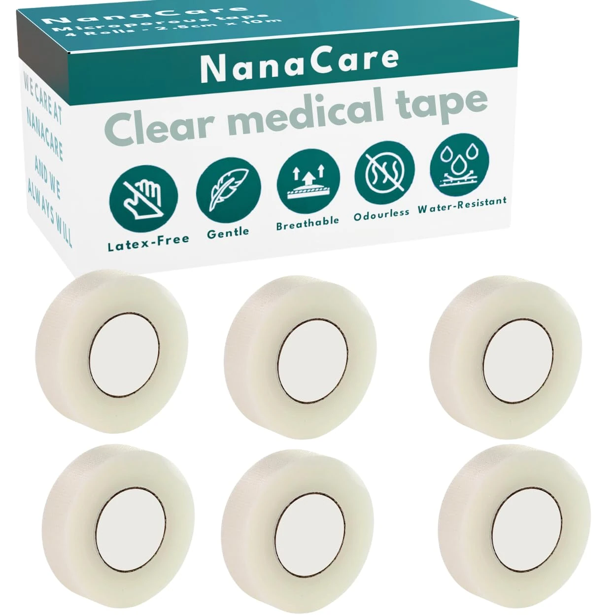 NanaCare Hypoallergenic Transparent Surgical Tape 1.25cm x 9.1m | 6 Rolls Transporous Surgical Tape| Medical Tape for Skin, Dressings and Face | First Aid Tape Suitable for Sensitive Skin