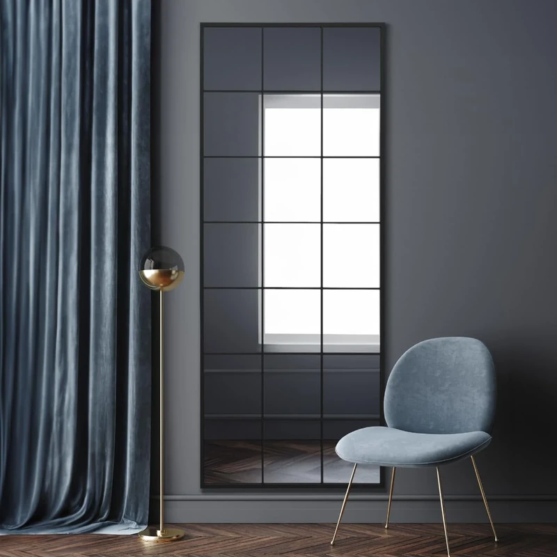 MirrorOutlet The Fenestra - Black Modern Window Full Length Leaner/Wall Mirror 79" X 31" (200CM X 80CM) Black Metal Frame
