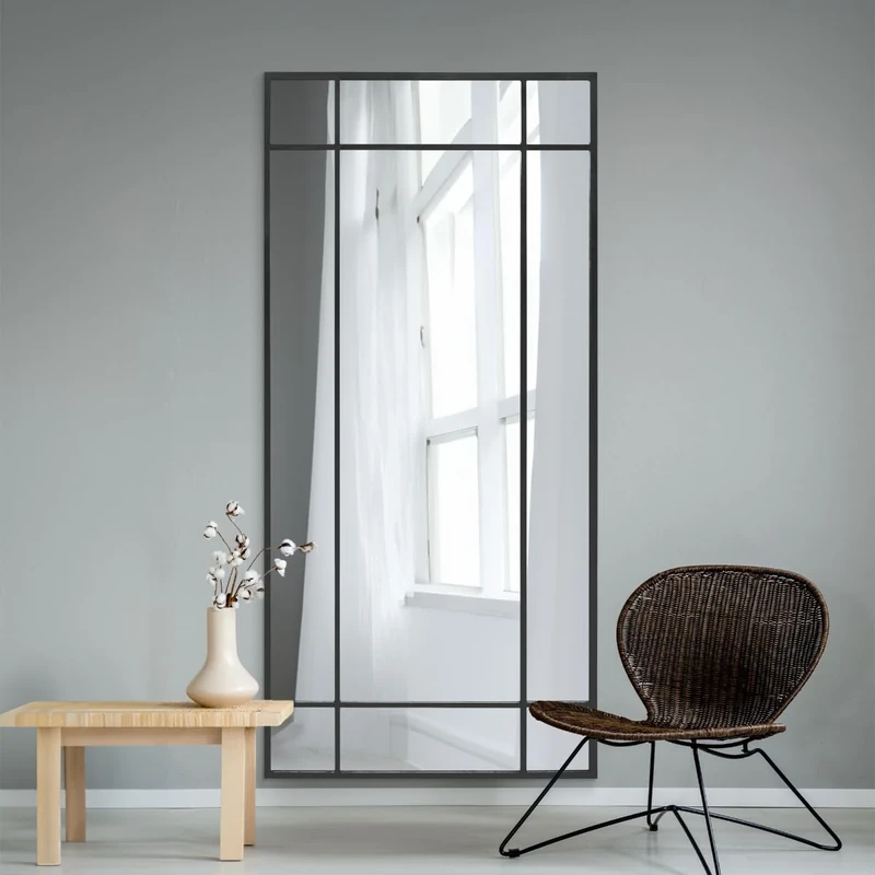 MirrorOutlet The Fenestra - Black Modern Contemporary Leaner and Wall Mirror 71" X 33" (180CM X 85CM) Black Metal Frame.