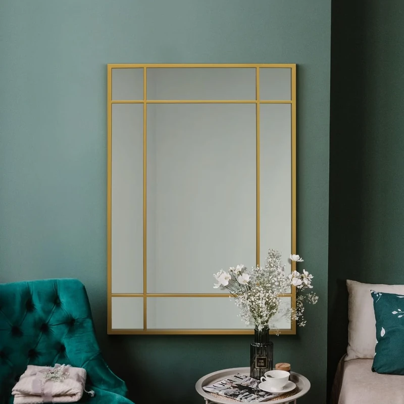 MirrorOutlet The Fenestra - Gold Modern Contemporary Wall Mirror 39" X 27" (100CM X 70CM) Silver Mirror Glass with Black Metal Frame.…