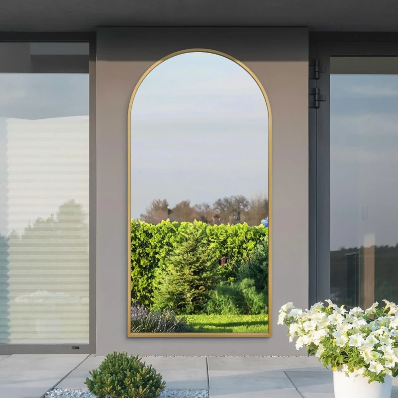 MirrorOutlet The Arcus - Gold Framed Modern Full Length Arched Leaner Wall Garden Mirror 79" X 39" (200CM X 100CM) Silver Mirror Glass with Black All weather Backing.