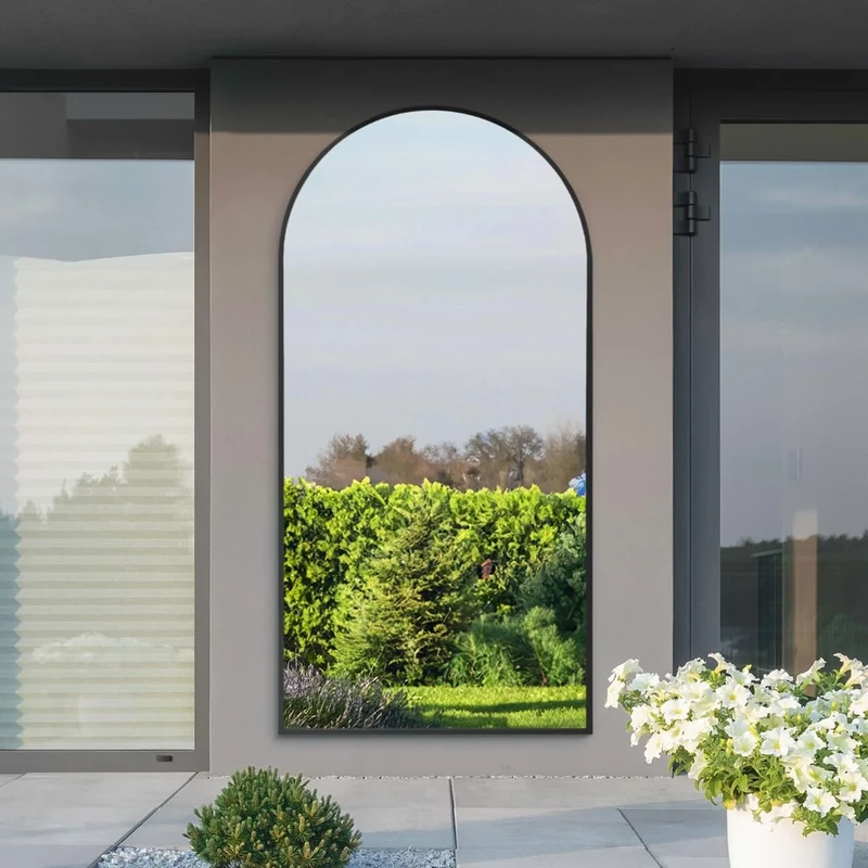 MirrorOutlet The Arcus - Black Framed Modern Full Length Arched Leaner Wall Garden Mirror 79" X 39" (200CM X 100CM) Silver Mirror Glass with Black All weather Backing.