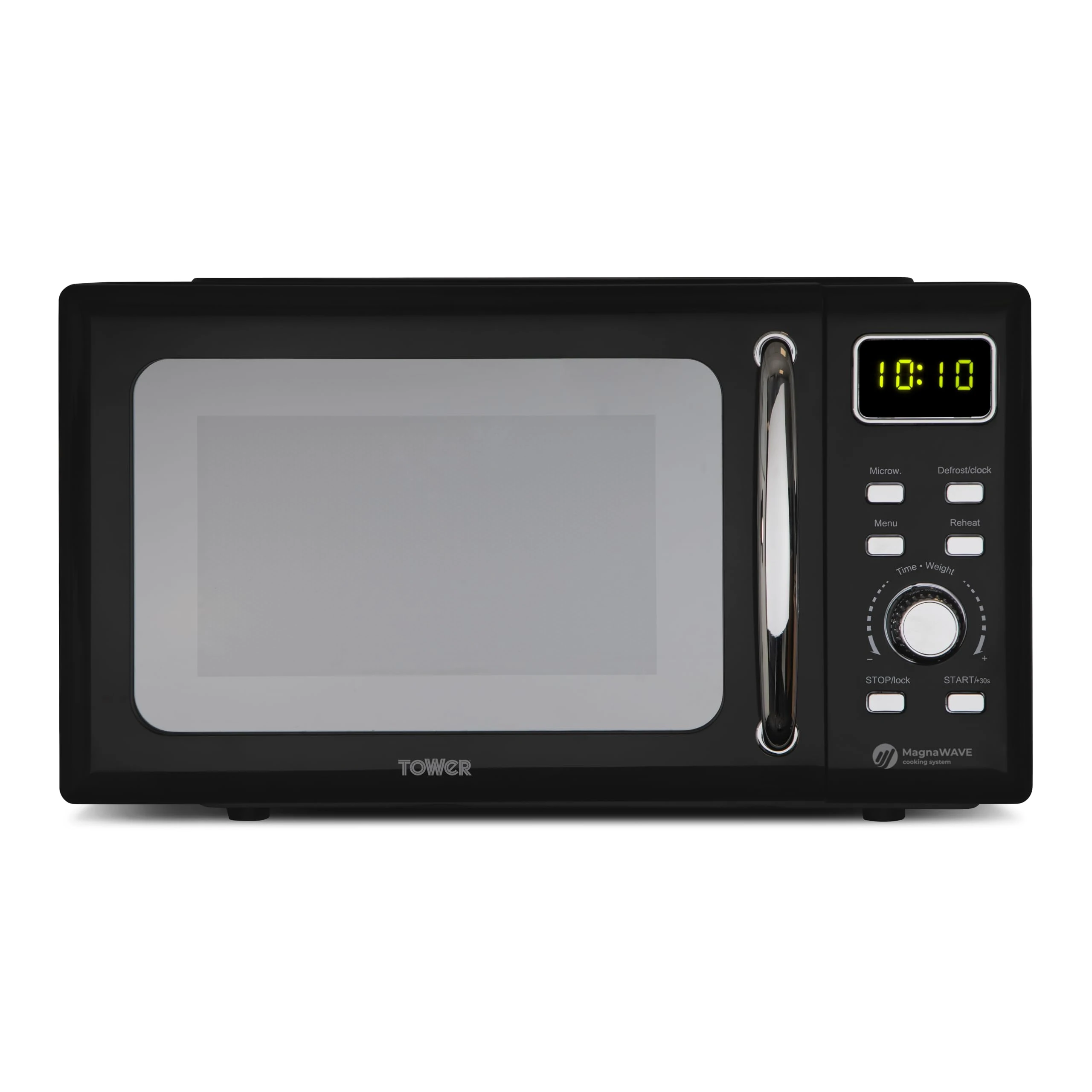 Tower T24041BLK Digital Microwave with Sleek Mirror Door, 800W, 20L, Black & Chrome