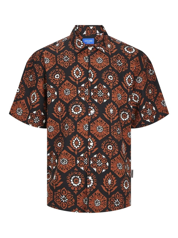 JACK & JONES JORNOTO Linen AOP Shirt SS LN, Black, M - Image 1