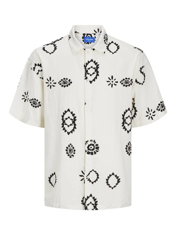 JACK & JONES JORNOTO Linen AOP Shirt SS LN, Buttercream, S - Image 1