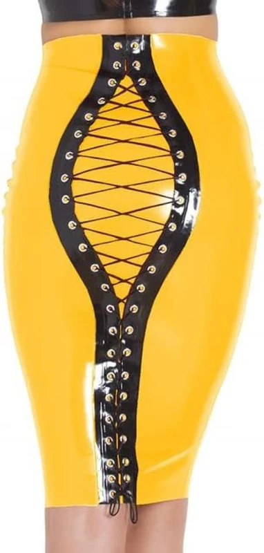 GOCTRN Woman Pencil Skirts Bodycon High Waisted Lace Up Open Skirt Summer PVC Latex Leather Skinny Mini Skirts,Yellow,S