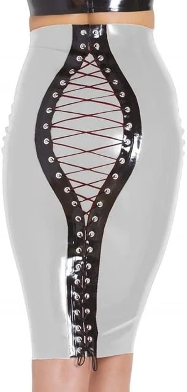GOCTRN Woman Pencil Skirts Bodycon High Waisted Lace Up Open Skirt Summer PVC Latex Leather Skinny Mini Skirts,Silver,S