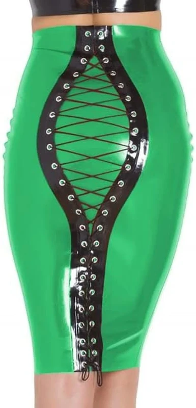 GOCTRN Woman Pencil Skirts Bodycon High Waisted Lace Up Open Skirt Summer PVC Latex Leather Skinny Mini Skirts,Green,XXL