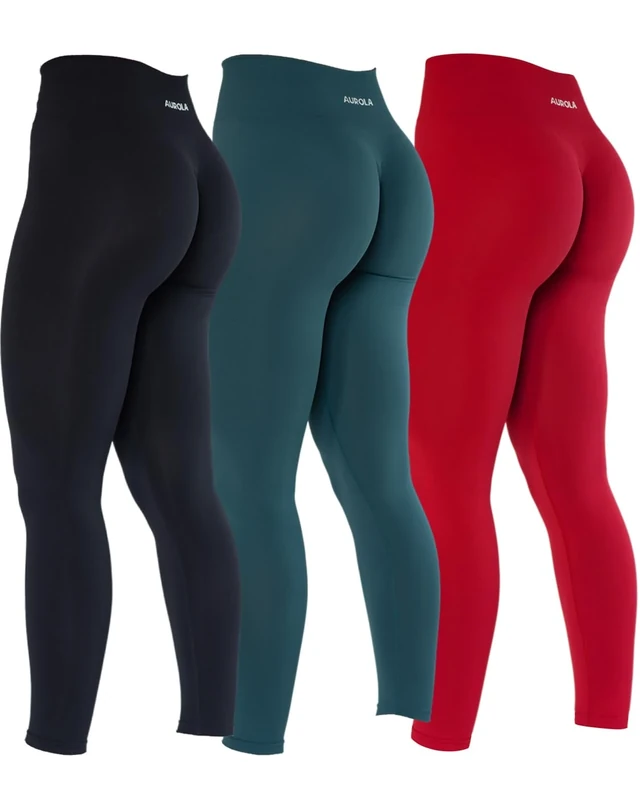 AUROLA Dream Collection Workout Walking Leggings for Women High Waist Seamless Scrunch Athletic Running Gym Fitness Active Pants, Pack(blackShaded SpruceChinese Red), S