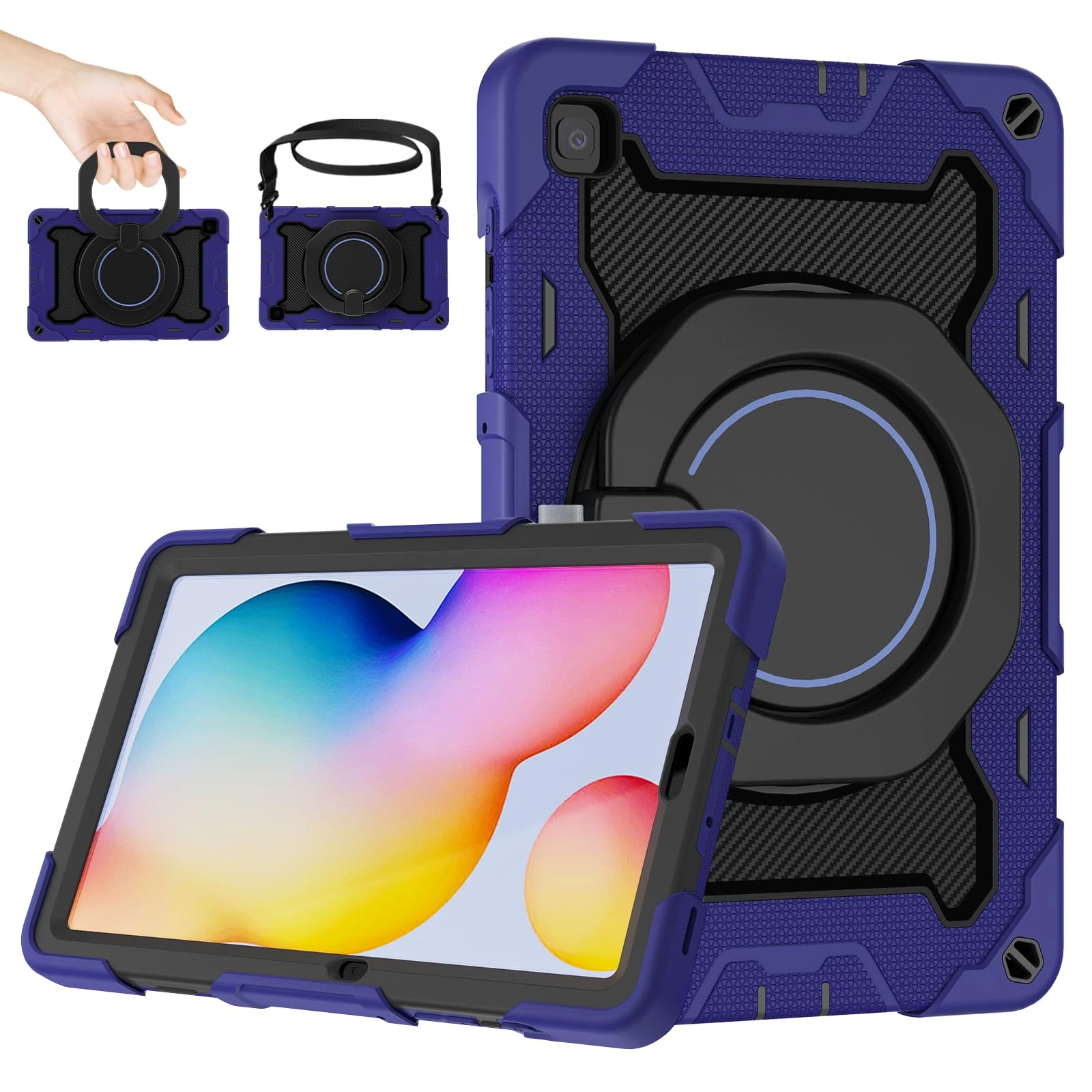 ROISKIN Samsung Galaxy Tab S6 Lite Case 10.4 inch: Heavy Duty Rugged Galaxy S6 Lite 2024/2022/2020 Cover with Pencil Holder & 360 Rotating Stand & Shoulder Strap, Navy Blue