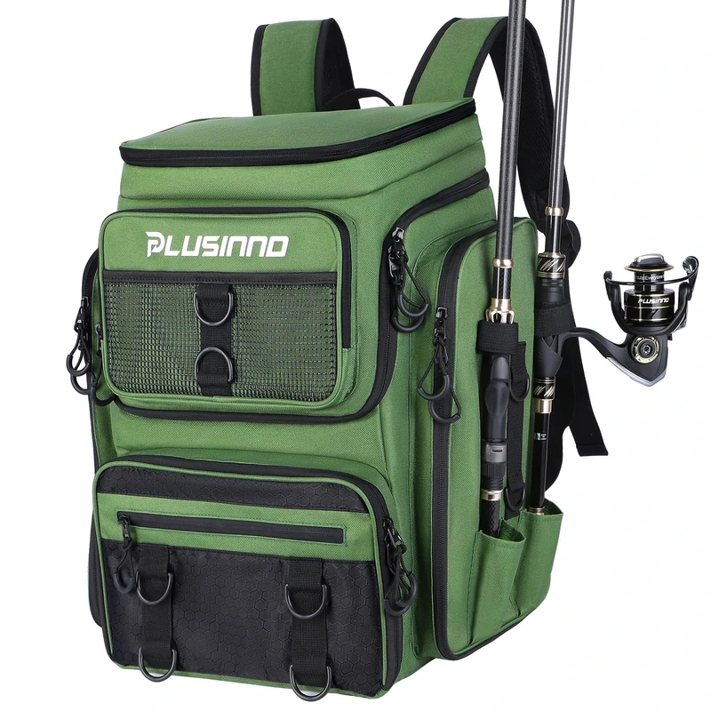 PLUSINNO Fishing Backpack with Rod Holders, 42L Large Water Resistant Bag for Fishing, Camping, Hiking, Gifts, Green