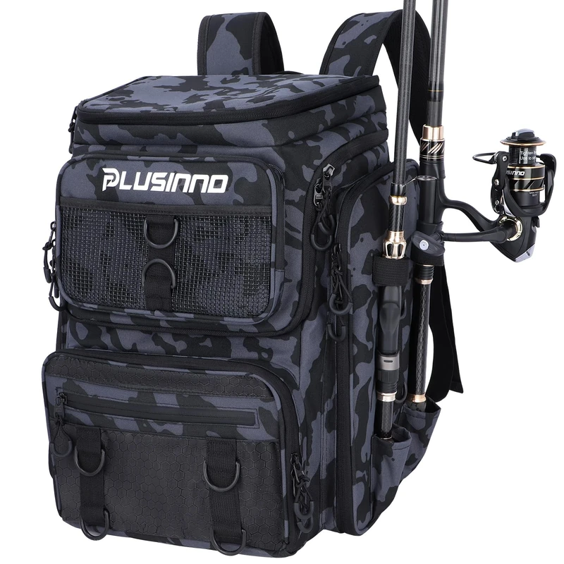 PLUSINNO Fishing Backpack with Rod Holders, 42L Large Water-Resistant Tackle Bag for Fishing, Camping, Hiking, Gifts - Black Camo