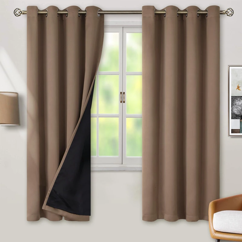 BGment Thermal Insulated 100% Blackout Curtains for Bedroom with Black Liner, Double Layer Full Room Darkening Noise Reducing Grommet Curtain (52 x 72 Inch, Cappuccino, 2 Panels)