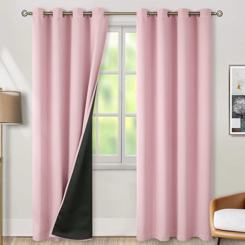 BGment Thermal Insulated 100% Blackout Curtains for Bedroom with Black Liner, Double Layer Full Room Darkening Noise Reducing Grommet Curtain (52 x 90 Inch, Baby Pink, 2 Panels)