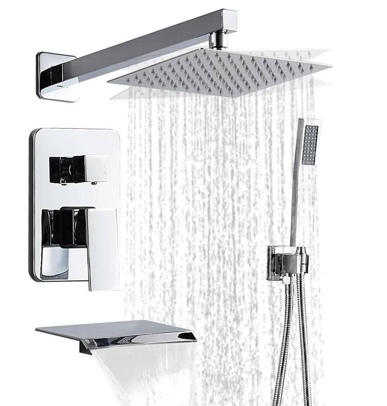 RTTWYYUU Chrome Shower Faucet Set with Bathtub Spout 20.5cm, Shower Head and Handle Set with 2 Hooks, Bathtub and Shower Faucet Combo, Rainfall Shower and Hand Shower System, Square Wall Holder for