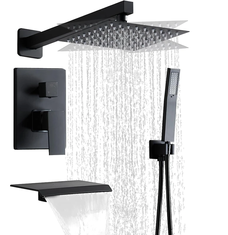 RTTWYYUU Matte Black Shower Faucet Set with Bathtub Spout 8.1", Shower Head and Handle with 2 Hooks, Bathtub and Shower Faucet Combo, Rainfall Shower and Hand Shower System, Square Wall Holder for