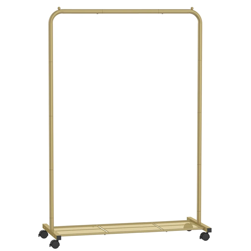 SONGMICS Clothes Rack with Wheels, Clothing Rack for Hanging Clothes, 25.4 mm Metal Garment Rack with Dense Mesh Storage Shelf, 110 lb Load Capacity, 2 Brakes, Gold UHSR025A01