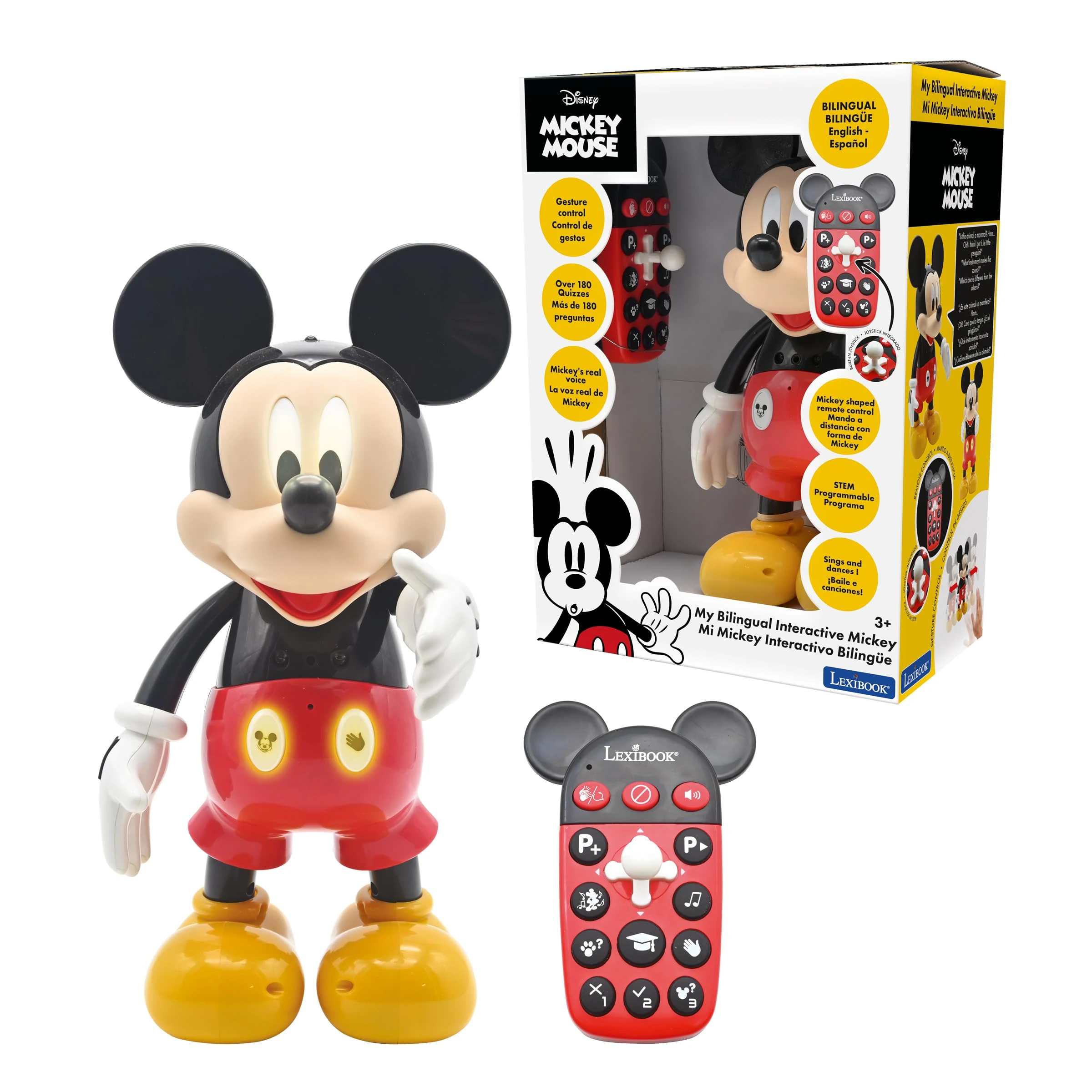 LEXIBOOK - Disney - Bilingual Mickey Robot - English/Spanish, 100 educational quizzes, light effects, dance, programmable, articulated, Black/red - MCH01i2
