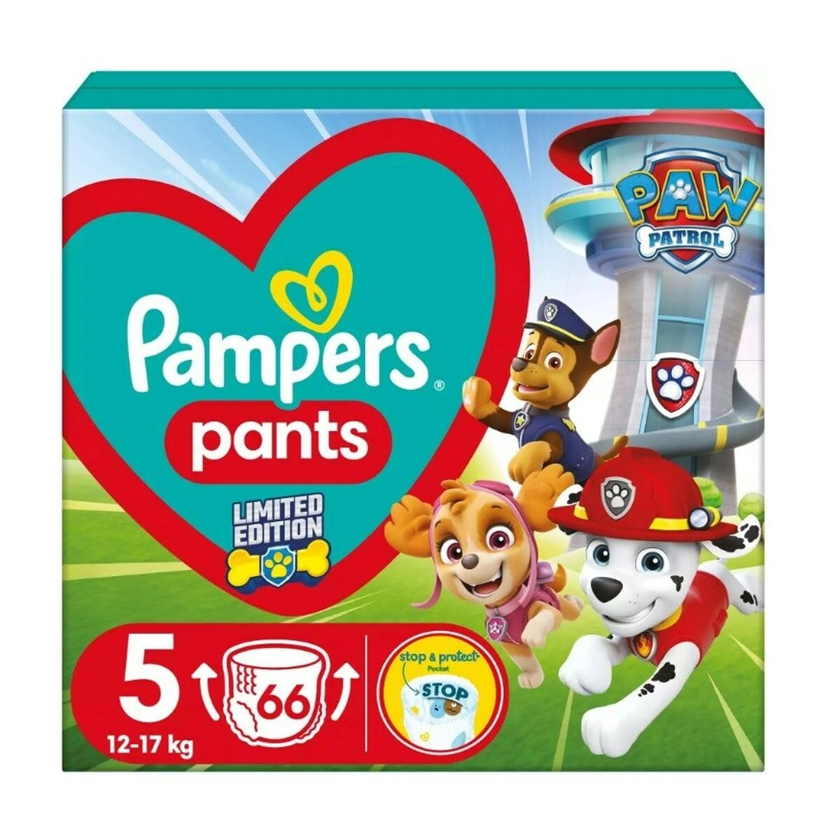 Pampers Baby-Dry Diapers Edition Paw Patrol Size 5, 66 Diapers, 12kg - 17kg, with Stop & Protect Pocket to Prevent Leakage on The Back