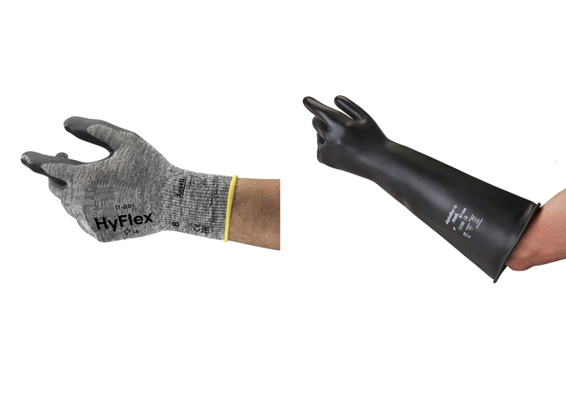 HyFlex 11-801 Professional Work Gloves, Abrasion Resistant, Grey, Size L (12 Pairs) + AlphaTec 87-104 Chemical Resistant Gloves in Latex with Long Cuff (43cm/17in) Black, Size L (1 Pair)