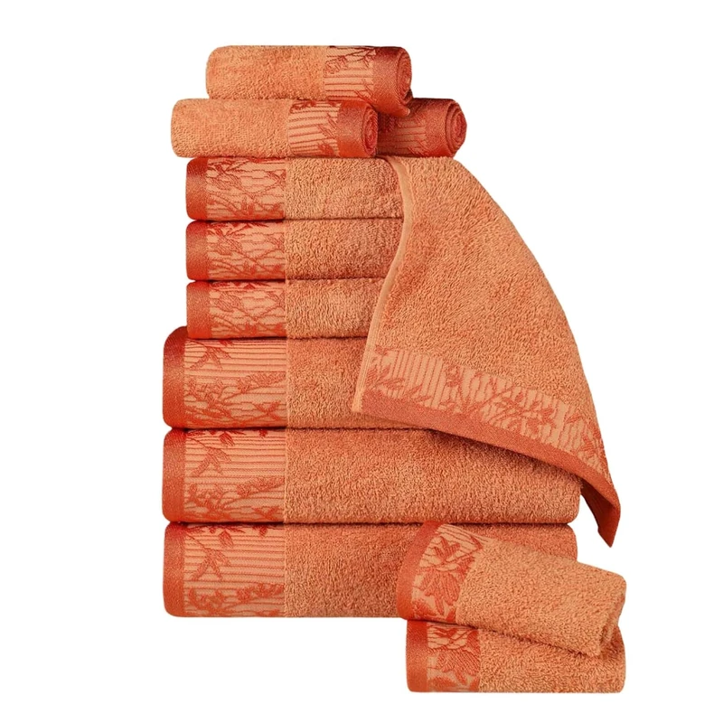 Superior 12-Piece Cotton Towel Set, Floral Jacquard Dobby Border, Quick Dry, Decorative Bathroom, Shower, Bath, Includes 3 Body, 3 Hand, 6 Face Towels/Washcloths, Wisteria Collection, Mandarin Orange