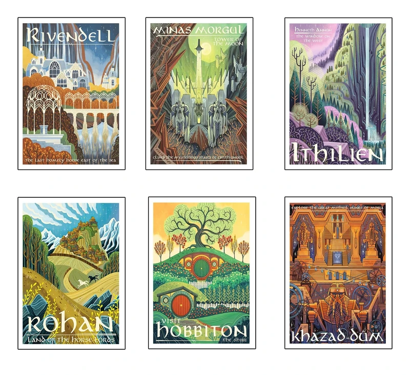 DKORARTE Set of 6 Wooden Base Paintings, Living Room Decoration, Modern, Bedrooms, Room, Series and Movies The Lord of the Rings, The Hobbit with Metal Hangers, (38 x 29 cm Each Frame)