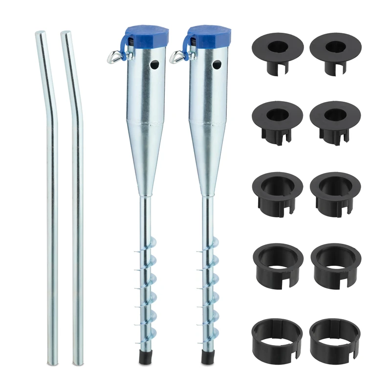 Relaxdays Parasol Anchor, Set of 2, Umbrella & Rotary Dryer, Ground Spike, Screw In, 25-55 mm, Pole Holder, Silver/Blue, Steel, 2-Set