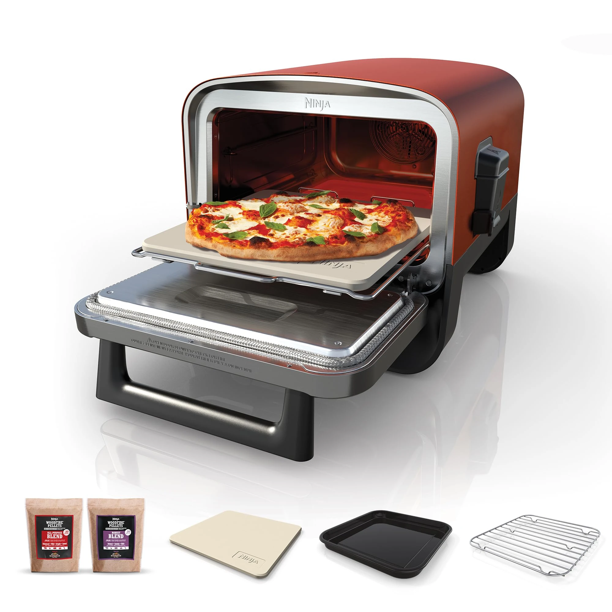 Ninja Woodfire Electric Outdoor Oven, 8-in-1 Pizza Oven, High-Heat Roaster & BBQ Smoker with Roast Rack, Pro-Heat Tray, Pizza Stone,Wood Pellets & Scoop, Electric,6 Pizza Settings,Burnt Orange OO101UK