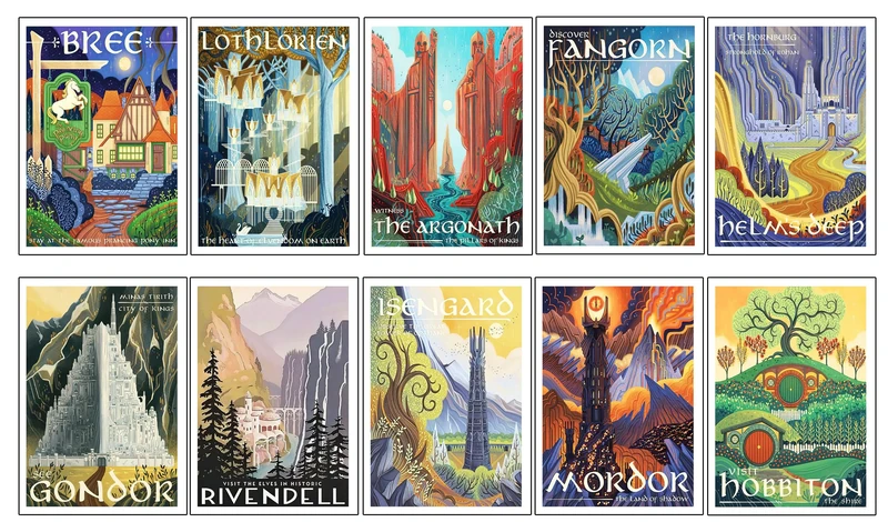 DKORARTE Set of 10 Wooden Base Paintings, Living Room Decoration, Modern, Bedrooms, Rooms, Series and Movies The Lord of the Rings, The Hobbit with Metal Hangers, (29 x 20 cm Each Frame)